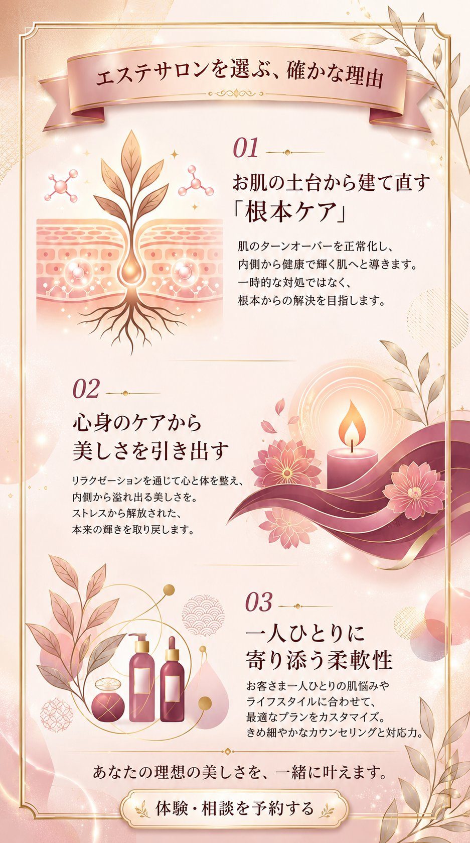 エステサロンを選ぶ確かな理由。01お肌の土台から建て直す根本ケア、02心身のケアから美しさを引き出す、03一人ひとりに寄り添う柔軟性。那覇市のシミ・たるみ・肝斑専門サロン ルチェカリーナで体験・相談を予約。